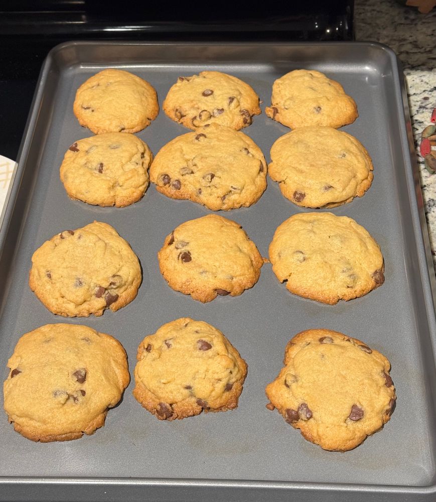 12 perfectly baked cookies. 16 and a half minutes at 325 non stick pan