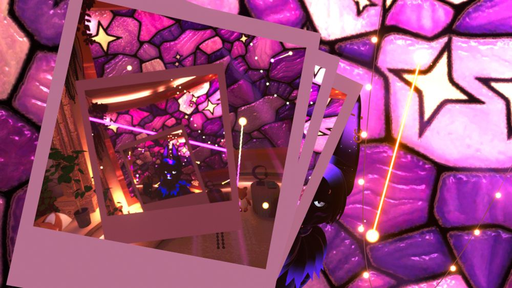 This is same lineup as the previous photo but without the final print camera outline around the image. Half of Astra's torso, face, and ears can be seen around the edge of the printed photos where the hands were in the previous shot as she peaks at the viewer.