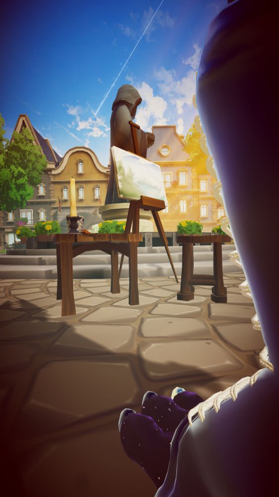 OC Astra stands with the side profile of her foot and boot in the foreground of a shot casting a long shadow along the ground framing both the sides of the image. The background is composed of a fountain in the center of a city square. There is a statue displaying devotion at the center of the fountain, many beautiful buildings can be seen lining the skyline, and just in front of Astra there is a small stool and an easel with a partially painted artwork of a tree laden landscape resting upon it next to a small side table. In the sky a shooting star can be seen streaking across the sky brilliantly as rays of sun shine down on the town square.