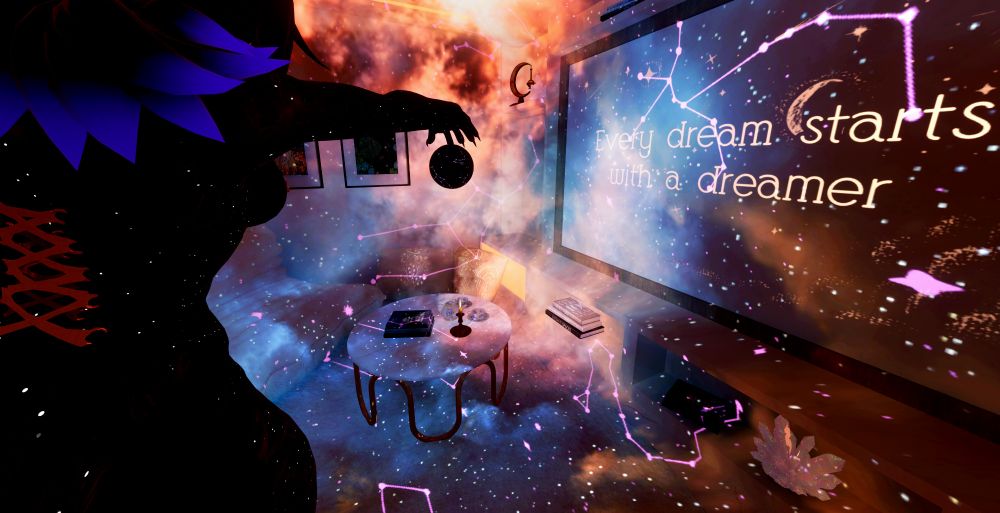 The setting is the interior of a living space. There is a projection on the wall that spills out if the projector screen shown on the wall opposite the couch and coffee table. The projection shows nebulous clouds of dust in an array of oranges, blues, and blacks broken up by smaller pin points of light that resemble stars. OC Astra is tightly framed along the left side of the image blocking out that side from view. With the dim lighting on her, Astra appears mostly dark with only the pin pricks of light produced by the glitter that imitates stars. With her arm outstretched, her fingers and palm facing down, a round ball of night forms flowing down from her pointer finger. Constellations can be seen on the surface and are projected outwards onto the walls of the living space. The projector screen, behind it all reads "Every dream starts with a dreamer"