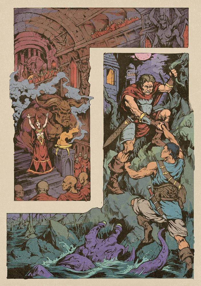 Two L shaped panels in the style of a vintage comic book. The top left one represents an assembly of red robed cultists inside a huge temple adorned with monstrous horned statues. The bottom right one shows a warrior helping a guy out of a river where a purple monster is about to catch him with its tentacle. The settings looks swampy, with a building and a tower in the background lit by the moonlight.