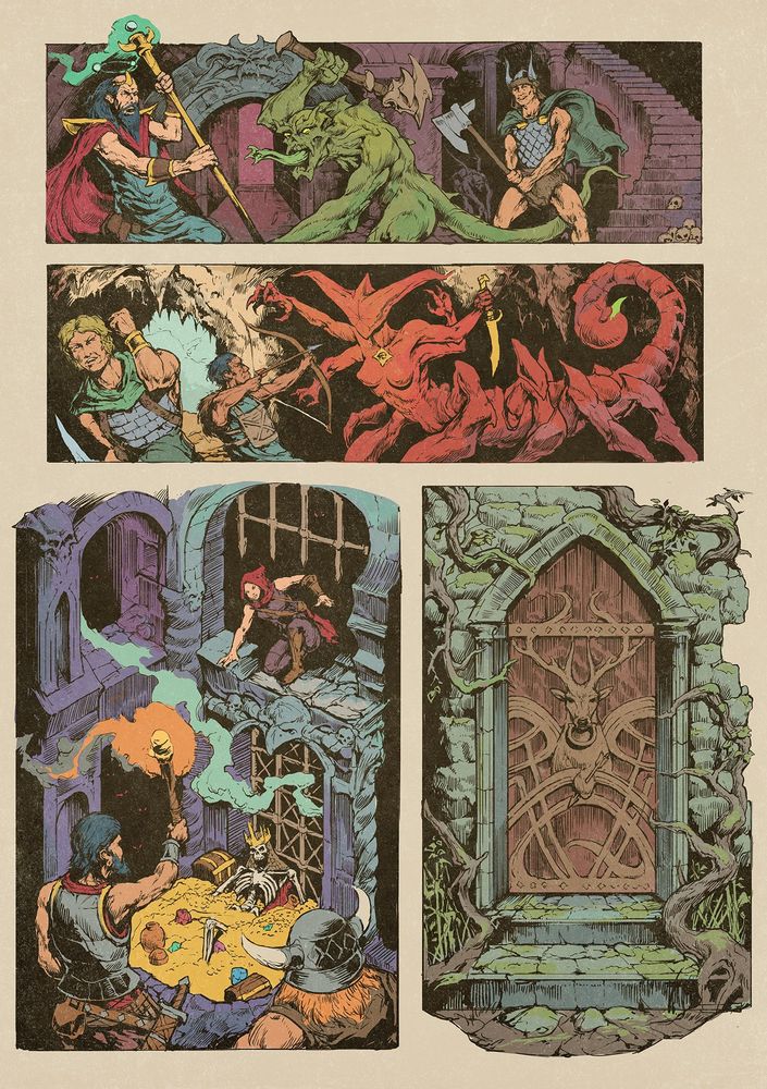 Four little illustrations in the style of a vintage comic book. From top to bottom : 1. A wizard and a barbarian fighting a green monster in a dungeon. The creature is brandishing a club, and a strange worm-like thing is coming out of its mouth. 2. An archer and a warrior facing a huge scorpion-like creature with four arms in a dark cave. The monster has feminine features, a strange geometric head and she's brandishing a golden dagger. 3. A rogue, a warrior and a dwarf are discovering a huge treasure made of gold, jewels and ornate chests in a pit along the remains of a long dead king. Red eyes are glowing in the shadows. 4. A mysterious dungeon door overgrown with vegetation. Its rusted door furnitures take the sape of a deer with a knocker in its mouth. Its heart pierced by an arrow.