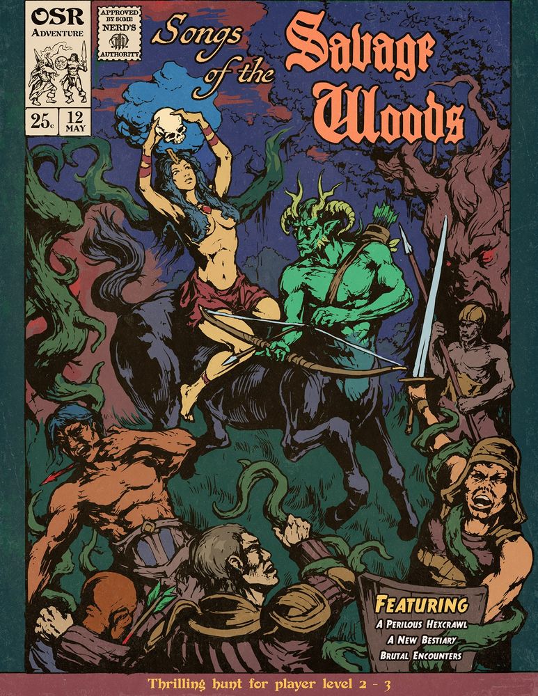 Fantasy illustration in the style of a vintage comic book cover depicting an ambush in a forest at dusk. A sorceress riding a centaur summons vines with an enchanted skull to immobilize a group of trespassers. The horned, green skinned centaur shot two of them with his bow and arrows. In the background, an ominous tree with human features is watching the scene.