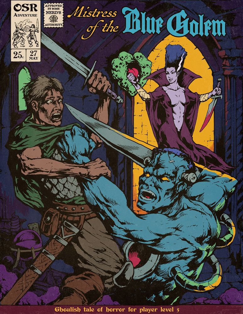 Fantasy illustration in the style of a vintage comic book. The action takes place in the dark halls of an old castle. A blue Frankenstein creature with a hole in its chest lifts an adventurer, ready to strike with the blade that replaces his right forearm. In the background, a pale women in a dark gown is holding the heart of the creature and a knife, using her dark magic to control it. She's sporting the same hairstyle than the Bride of Frankenstein from the movie.