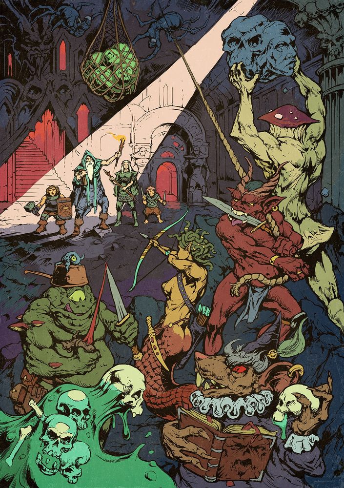 A group of monsters composed of a medusa, an imp, a one eyed frog-man, a myconid, a slime, a rat wizard and driders is preparing an ambush in the depths of a dark dungeon. A classic group of adventurers is stepping inside, lit by a beam of light coming from a hole in the roof, oblivious to the net full of spider eggs hanging above their heads and the monsters getting ready for battle. The visual is heavily inspired by vintage comic books.
