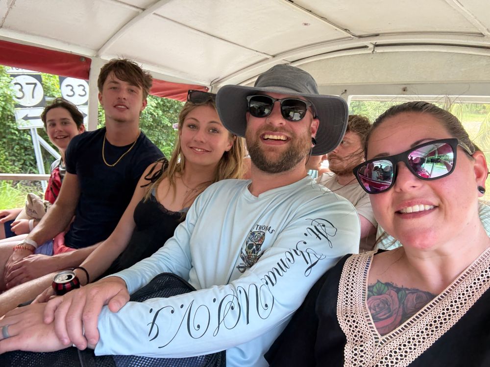Family photo of a shuttle ride to Mountain Top in St. Thomas