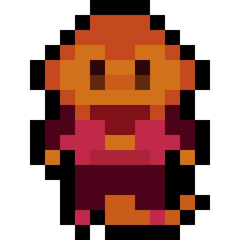 A vague pixel character to inspire you

Colors
Dark oranges
Magenta
Red
Dark red
Browns