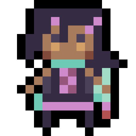 A vague pixel person to inspire you

Colors
Chocolate browns
Dark un saturated purples
Lilac and dark lilac
Cyan
Hints of ocher and red