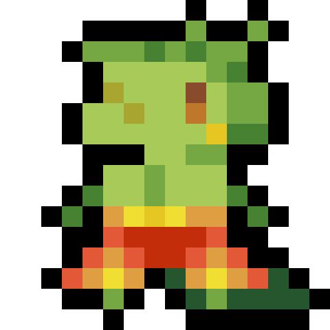 A vague pixel to inspire you

Colors
Shades of vibrant greens
Yellows
Reds
Sandy orange
Browns
Olive