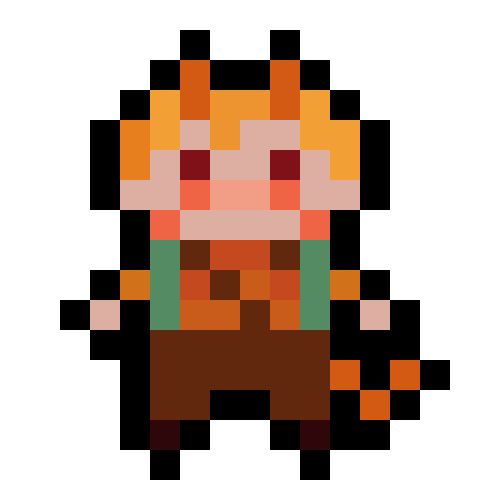 A vague pixel character to inspire you

Colors
Browns
Redish oranges
Orange yellows
Green
Beige and pink