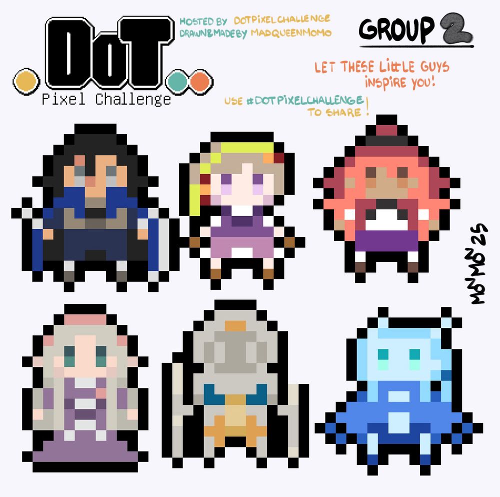 Several vague pixel art characters to inspire you
Colors
Pixel one
Sand 
Brown
Grays
Blues

Pixeltwo
Old purples
Gray browns
Lime green red and orange

Pixel three
Pinkish orange
Reds
Browns
Vibrant purple

Pixel four
Grays
Lavenders
Teals
Pinks
Very light lavender 

Pixel five
Grays
Irange
Yellow
Blue

Pixel six
Shades of icey blue dark blues and cyan and teal