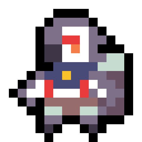 A vague pixelated character to inspire you

Colors
Shades of warm gray purples
Navy blue
Red
Yellow and orange accents
White
Warm shale
Light green gray
