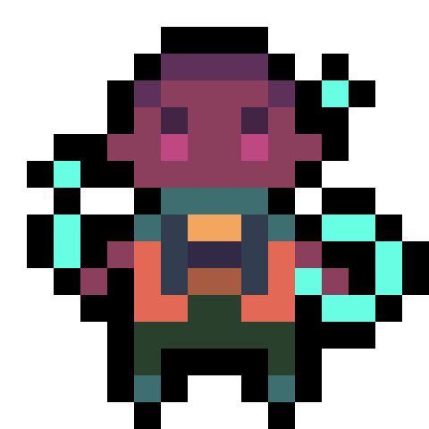 A vague pixel character to inspire you

Colors
Cyan
Dark greens
Orange
Yelow 
Purple
Brown