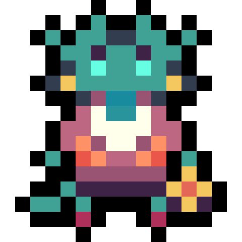 A vague pixel character to inspre you

Colors
Shades of teal
Old rose
Dark purple
Dark rose
Yellow
Orange