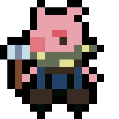 A vague pixel character to inspire you

Colors
Dark shale brown
Brown
Light and dark green
DarkBlue
Greys
Shades of pinks