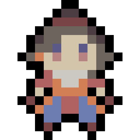 A vague pixel character to inspire you 

Colors
Off whites
Orange
Shades of brown
A powdery blue
A gray that has a little bit of olive in it?
