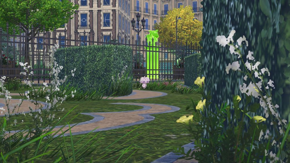 Shiny Espurr strolling through the Zone 3 gardens in Legends ZA