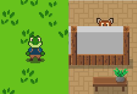 The image is split with two game characters, a frog-like one on the left is standing in an open area, clearly visible and looking at the camera. While the other one on the right is shy and hiding behind a wall. Only the eyes and ears are visible.