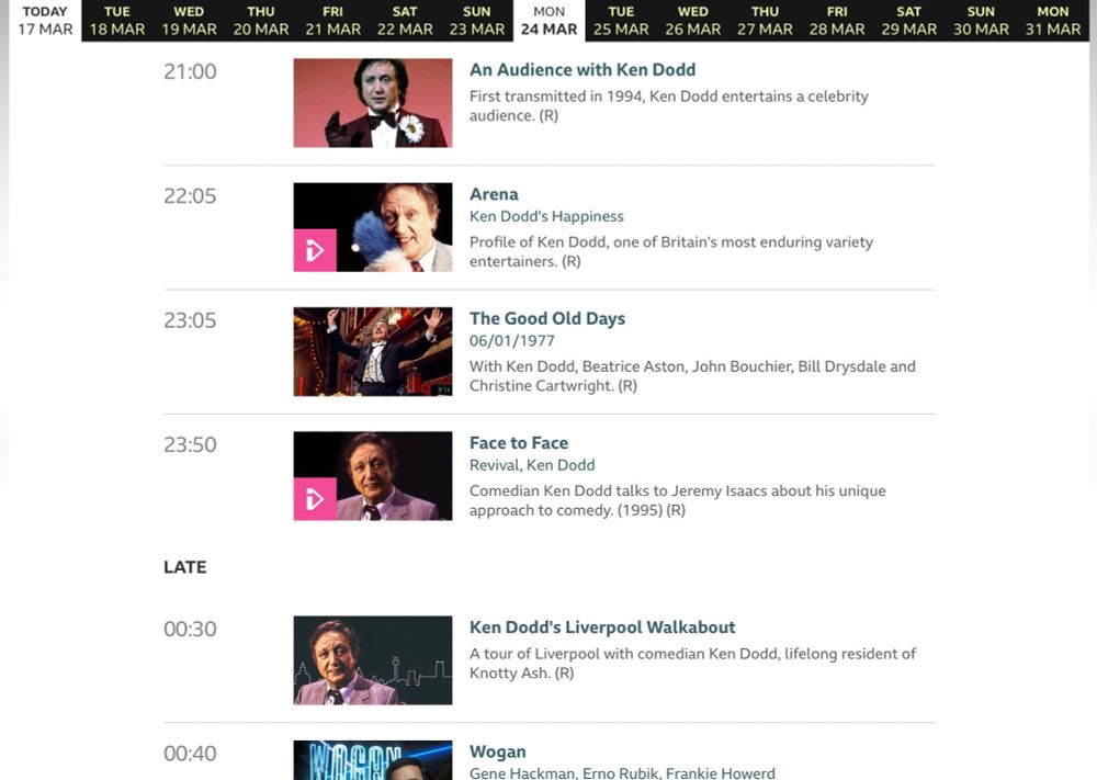 A schedule for Ken Dodd Night on BBC Four