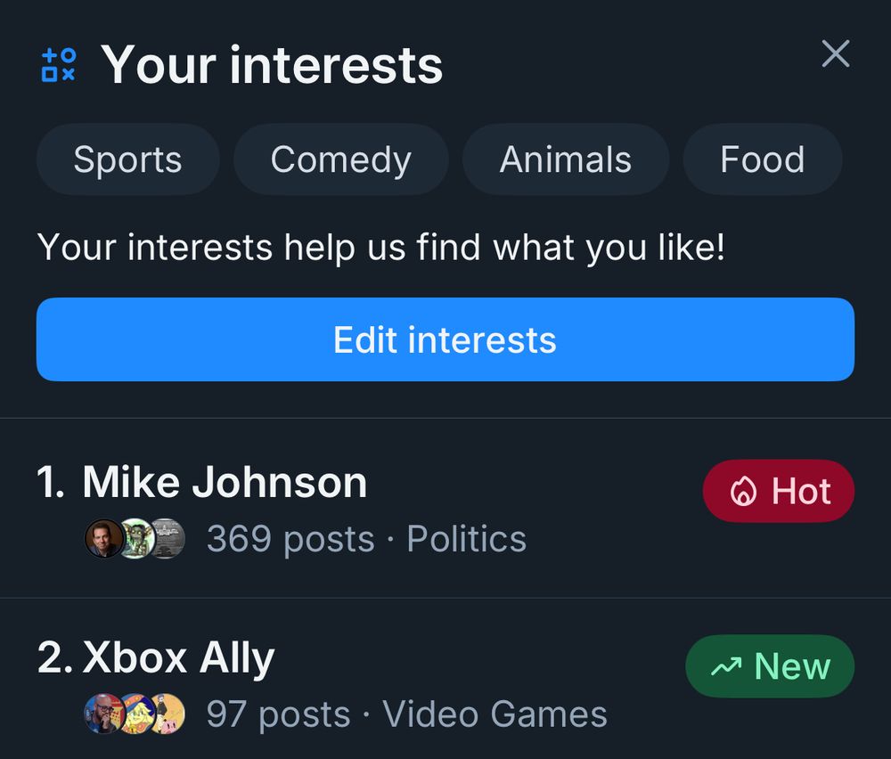 
Your interests
Sports
Comedy
Animals
Your interests help us find what you like!
Edit interests
Food
1. Mike Johnson
369 posts • Politics
6 Hot
2. Xbox Ally
97 posts • Video Games
~ New