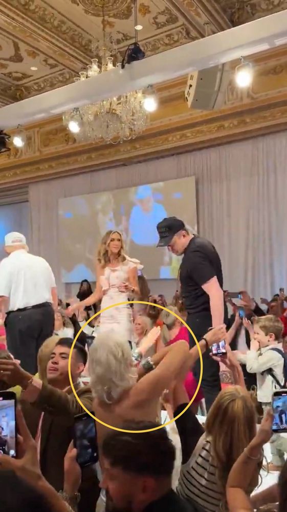 Trump and Musk on a dais at Mar-a-Lago. A blonde woman in the crowd is giving the Nazi salute toward Musk.