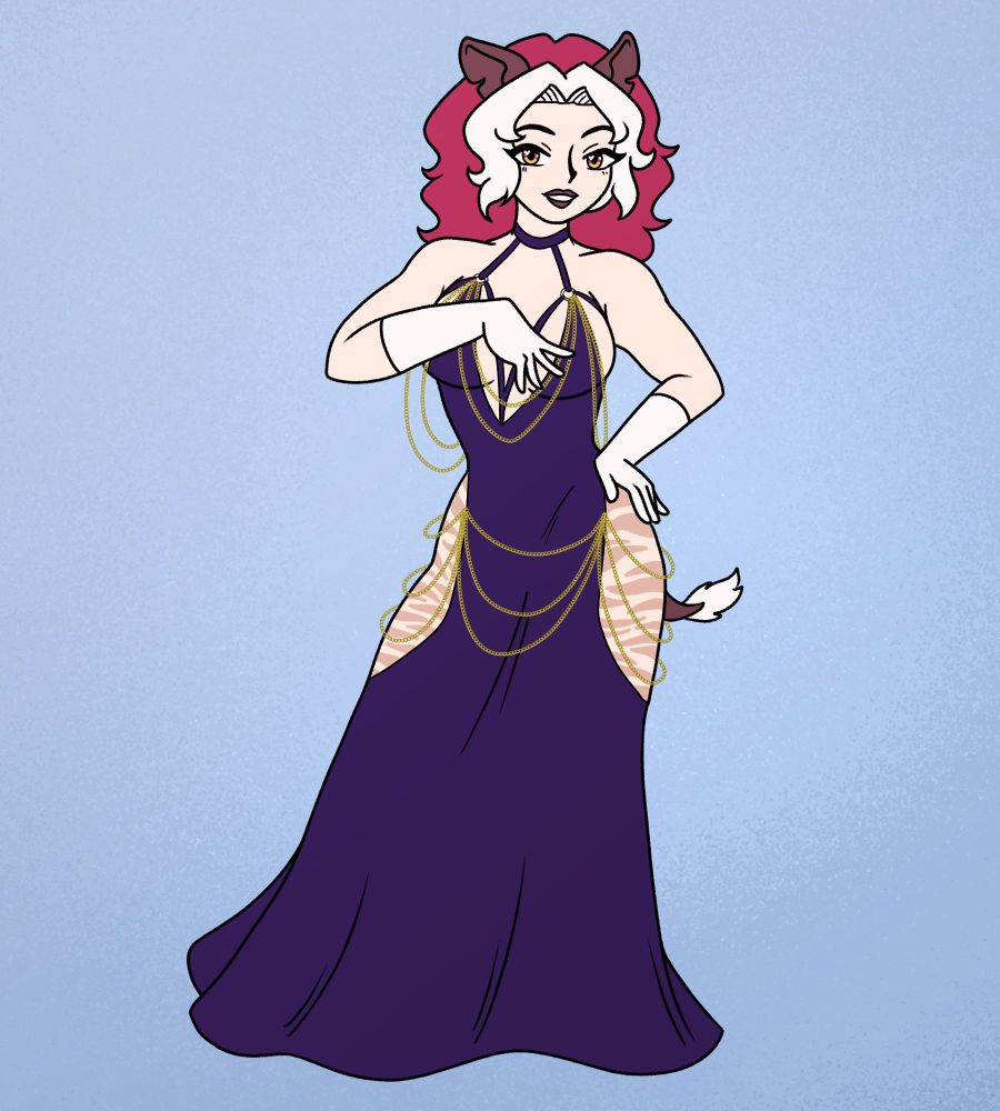 Peoni in a sexy purple dress that reveals her signature markings on her thighs.