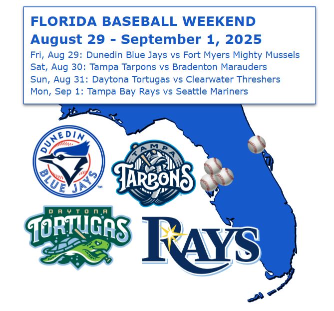 Map of Florida with the logos of the Dunedin Blue Jays, Tampa Tarpons, Daytona Tortugas, and Tampa Bay Rays. Baseballs indicate the location of each team's ballpark. A schedule is at the top of the image.