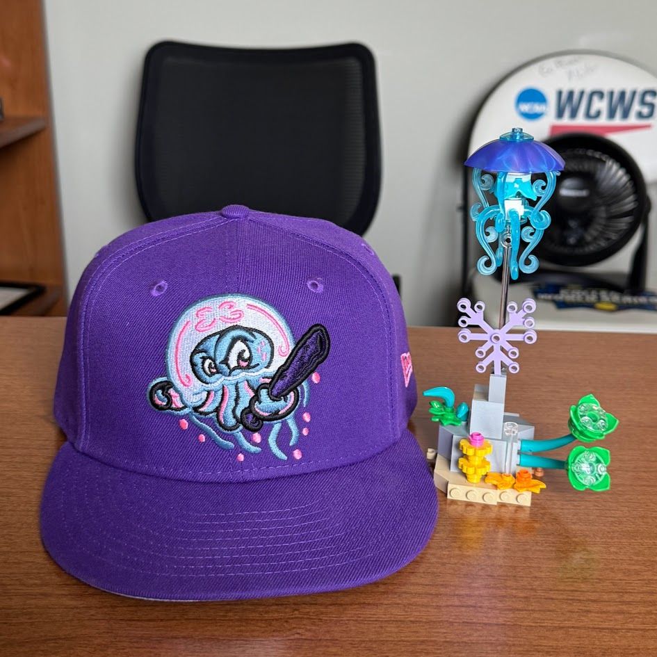 Photograph of a purple Jersey Shore Medusas baseball cap on my desk with a Lego set featuring a purple and blue jellyfish