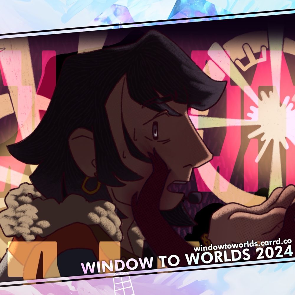 A cropped portion of an illustration, branded with a Window to Worlds border. A young woman with short dark hair in profile, mouth agape in shock, looking at something happening in front of her. She is in shadow, lot from behind by flashing lights.
