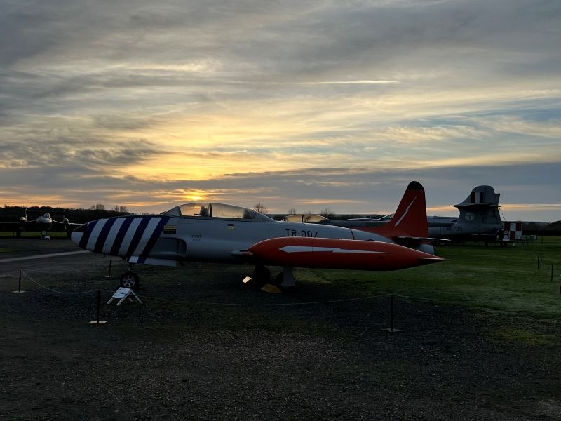 Early winter sunset over the museum's T-33 aircraft.