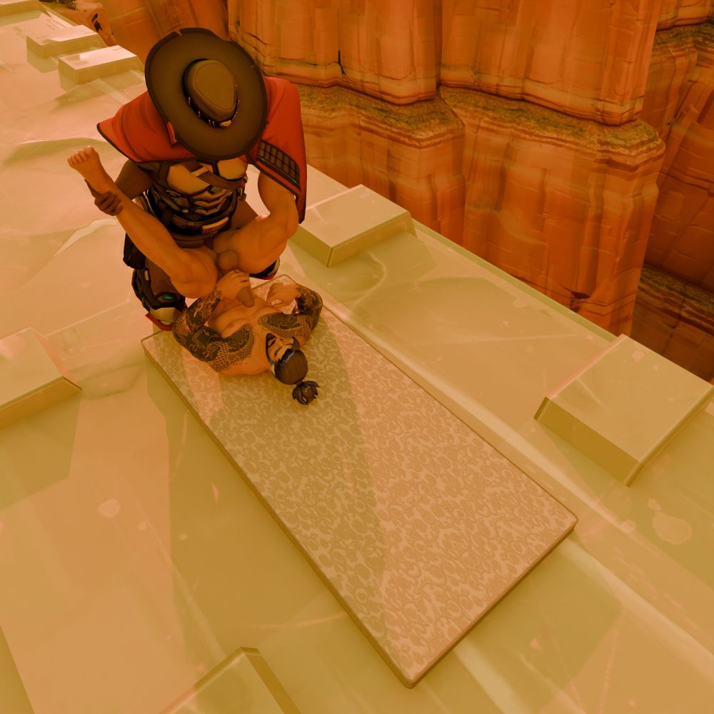 tags: overwatch, ow2, cole cassidy, hanzo shimada, yeehan, route 66, blender, 3d art, cmnm, clothed male nude male