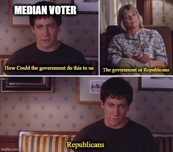 Image macro in which Donnie Darko asks "How could the government do this to us" and when Dr. Thurman asks him to clarify "The government or Republicans," Donnie Darko responds "Republicans"