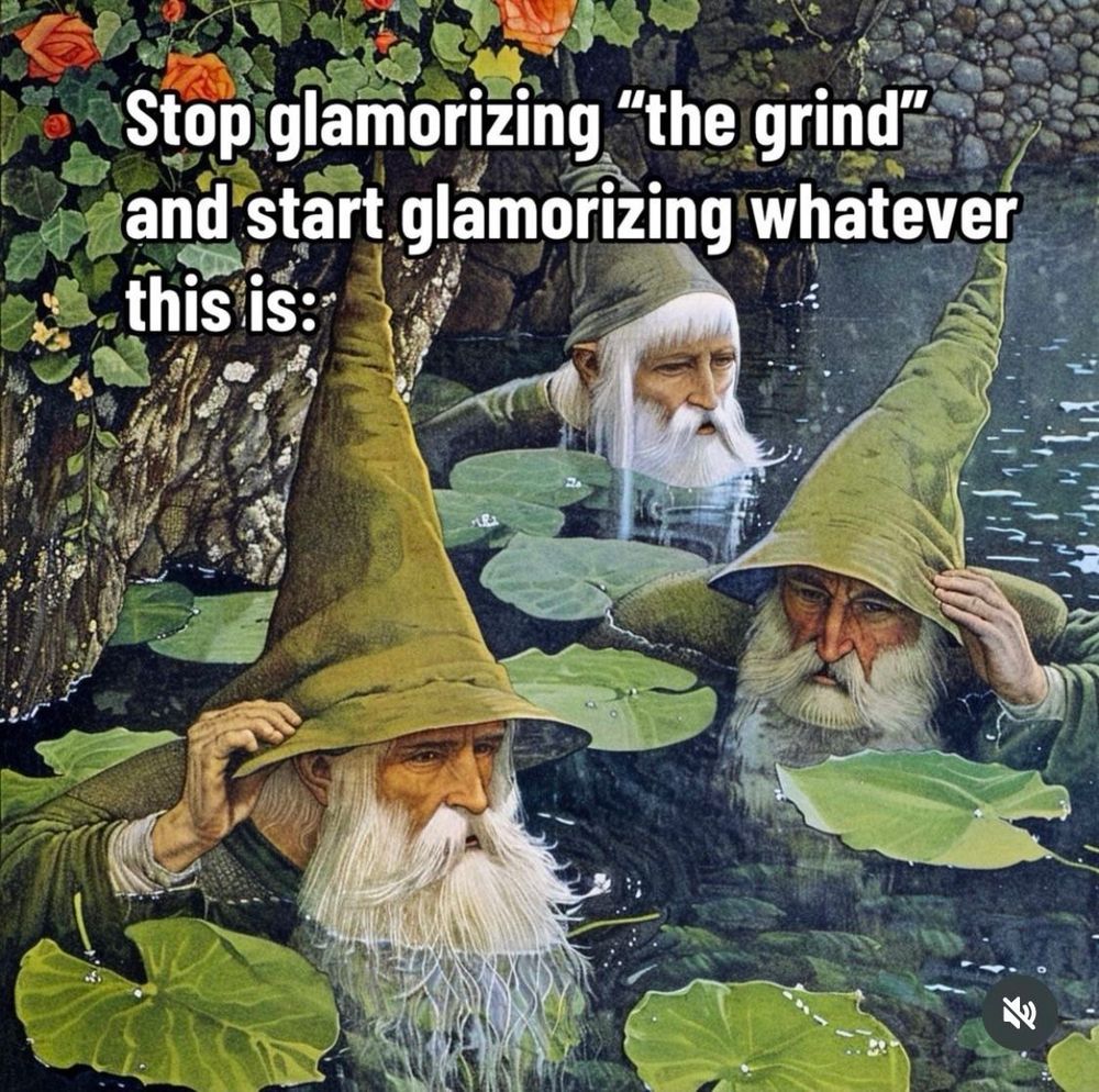 three wizards in a pond with the text saying stop glamorizing the grind and start glamorizing whatever this is. i lowkey wanna have their life they probably have soo many adventures ah