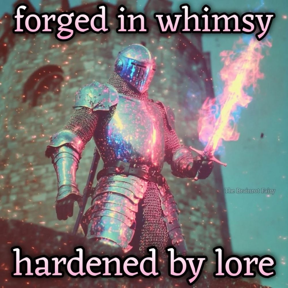 knight in pink light with text „forged in whimsy hardened by lore”