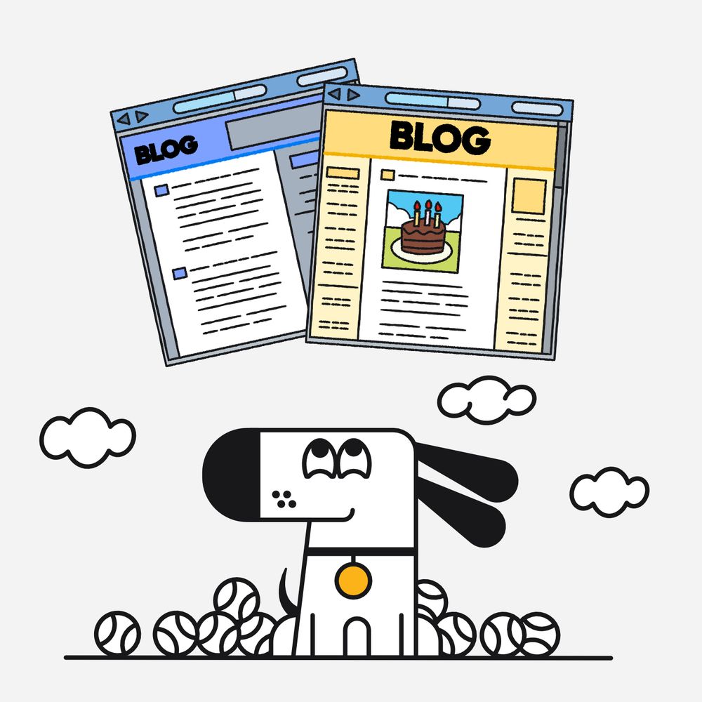 Illustration of a cheerful cartoon dog with a black nose and floppy ears, sitting in a pile of tennis balls. Above the dog are two overlapping browser windows labeled "BLOG." The left window has a blue header and text content, while the right window has a yellow header and features an image of a birthday cake with candles. The background includes small clouds on a light gray backdrop.