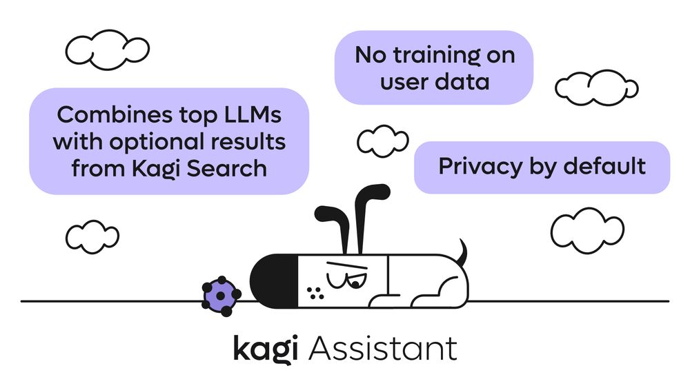 A playful illustration of Doggo, Kagi's cartoon dog mascot, lying on a line by a purple and black toy. Surrounding text in purple bubbles highlights features: "Combines top LLMs with optional results from Kagi Search," "No training on user data," and "Privacy by default." The background includes simple cloud drawings, and the text "kagi Assistant" is displayed below the illustration.