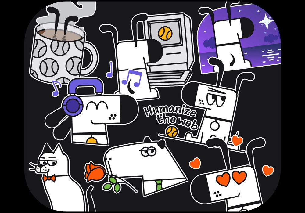 A colorful illustration of stickers for the Signal app featuring Kagi's mascot, a cartoon dog, engaged in various activities. In one, he is wearing headphones and enjoying music, another features Kagibara, a plan on a capybara, holding a rose while dressed in a green tie while holding a rose with his mouth, and another is Doggo next to a computer with a baseball on the screen. A steaming coffee cup is also depicted, along with musical notes and hearts, all set against a black background. The text "Humanize the web" is prominently displayed.