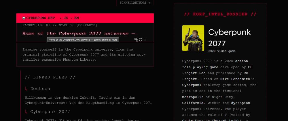 Kagi's search interface with a black background, vibrant red headers, and white text. The highlighted selection features a glowing neon pink border. The overall color scheme combines bold, contrasting colors typical of a cyberpunk aesthetic, creating a striking visual effect with glitching data streams. The search results are for the query "cyberpunk 2077"