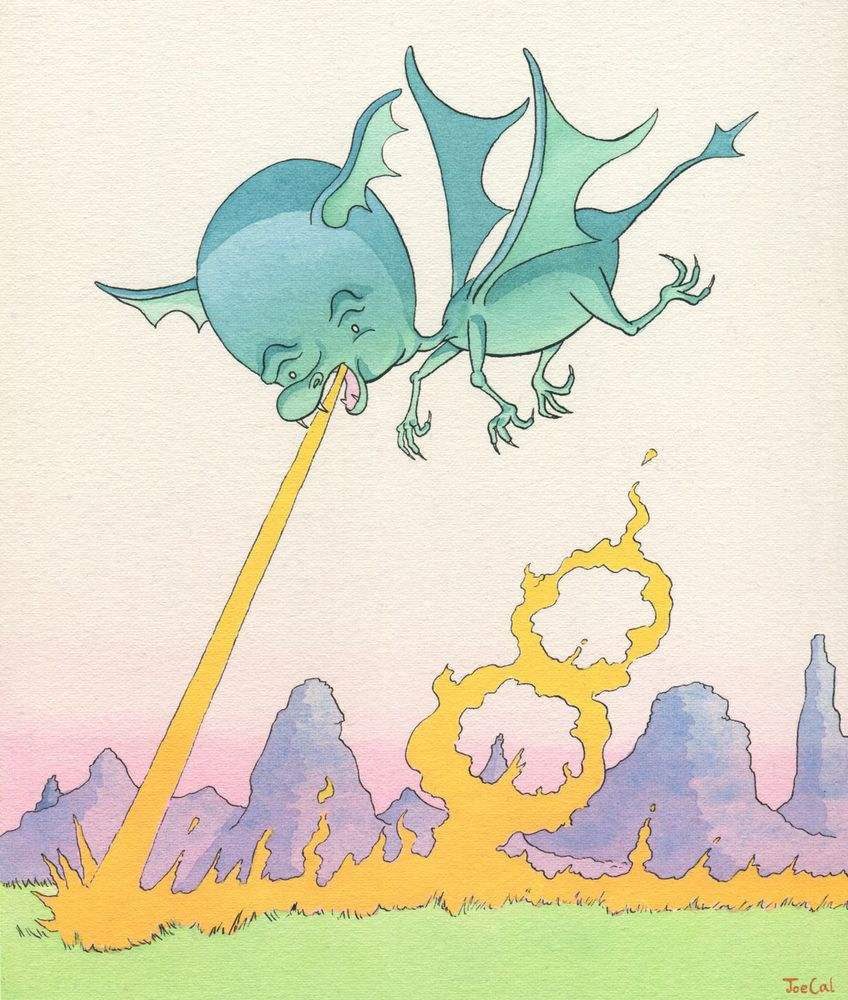A turquoise dragon with a big round head and little wings, blows fire on to the grassy ground. The flames form into a stylised eight.