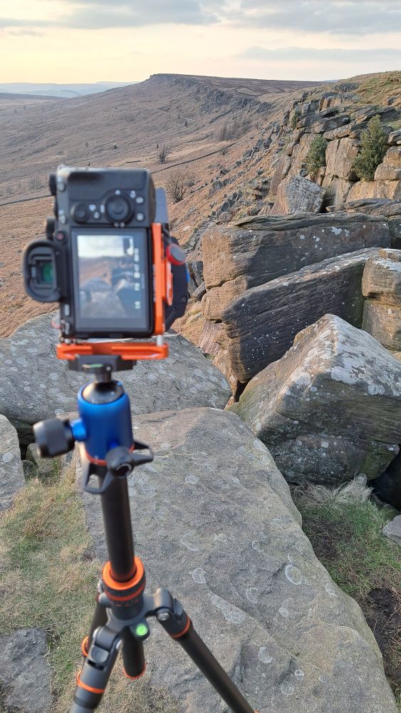Camera on a tripod, set up to take a photo in the Peak District 