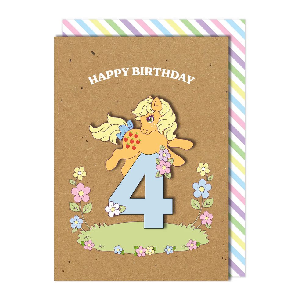 A birthday greeting card featuring generation 1 My Little Pony Applejack leaping over a large number four.