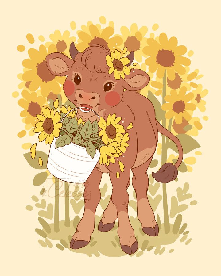 A vintage style drawing of a brown cow standing in a sunflower field, a white bucket of flowers held in their mouth by the handle as they smile happily. Tall sunflowers rise up behind them.