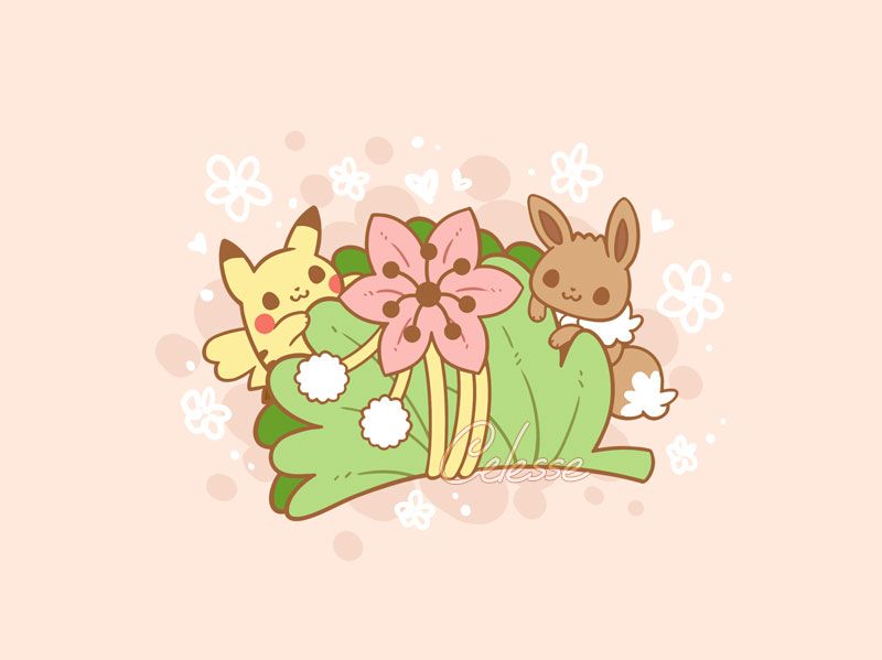A drawing of mini Pikachu and Eevee from Pokemon poking out of a gift wrapped in a leaf and decorated with a flower.