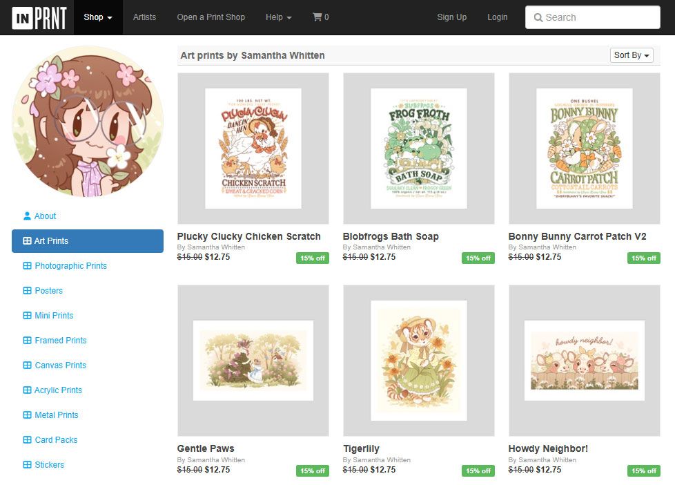 A screenshot of Celesse's gallery on INPRNT.com where several pieces of artwork are being offered on various printed products like giclee, acrylic, metal, cards and more.