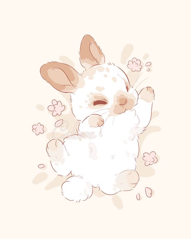 A soft sketchy drawing of a white bunny with light brown markings and a few freckly spots, spread out for a nap with their paws sticking in all directions and little pink flowers scattered around.