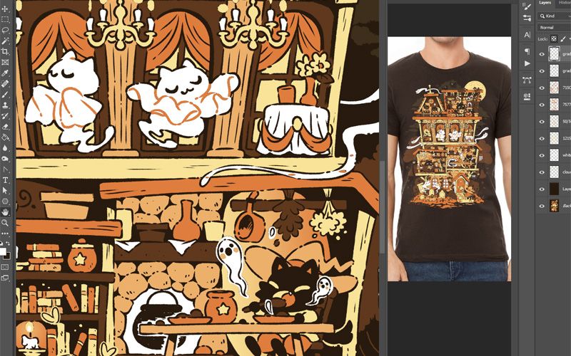 A cropped screencap of an art program showing a work-in-progress preview of a Halloween haunted house-themed shirt design.