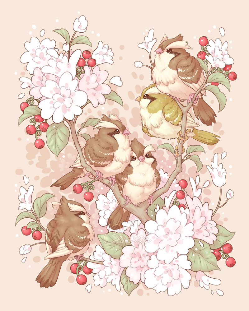 A vintage style drawing of Pidgey from Pokemon; five little brown and beige birds perched in the branches of a cheri berry tree, fluffy white flowers all around
