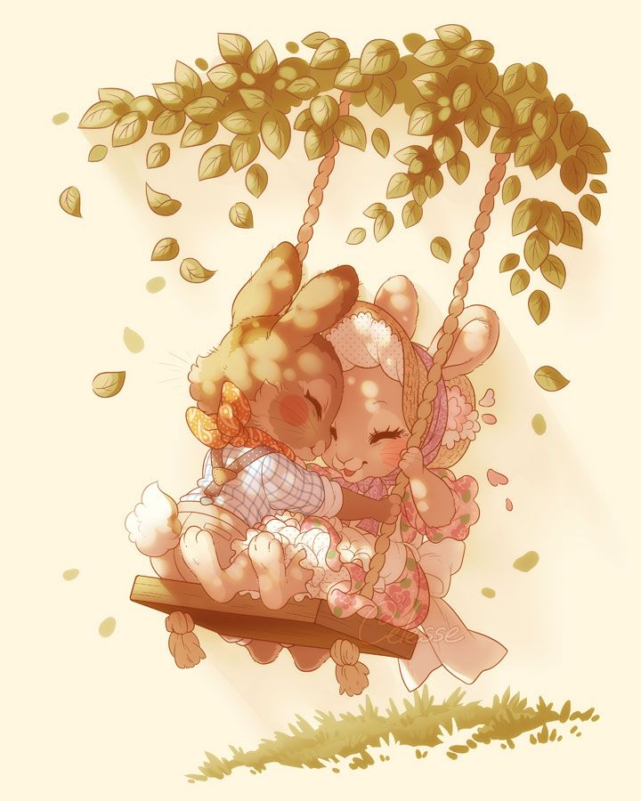A soft drawing of two bunnies wearing old-fashioned clothing, one in a lined shirt and trousers with suspenders and the other in a straw bonnet and frilly dress. They sit together on the same tree swing facing each, nuzzling and talking as they swing back and forth in the evening glow.