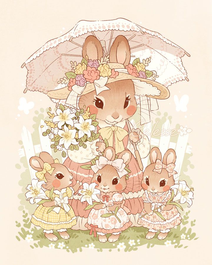 A charming vintage-style drawing of a mother rabbit and her three little daughters, all dressed in their finest Sunday dresses and posing in a garden setting with a white picket fence behind them. The mother holds a lace parasol and a bouquet of lilies and the girls each hold a single lily.