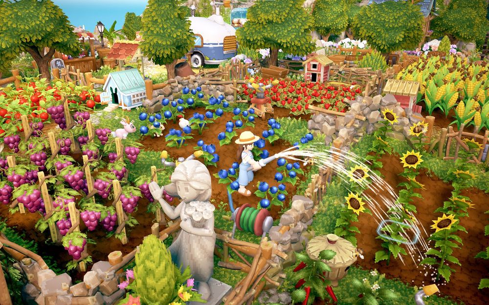 A screenshot of the farming game Luma Island with the player character standing in a patchwork garden and watering crops with a garden hose